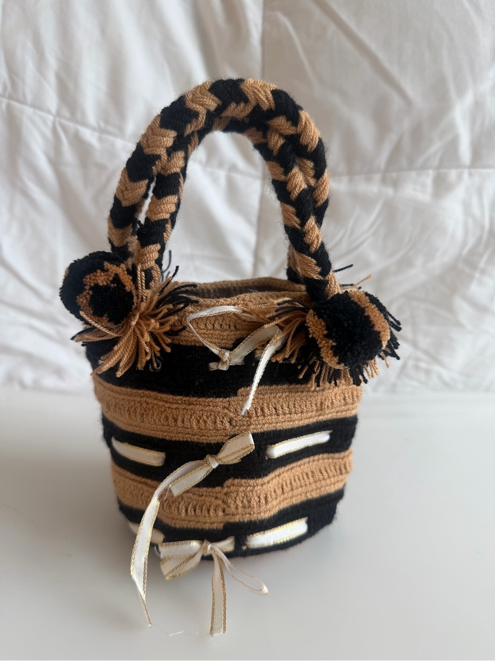 Handmade Crochet Bucket Bag Boho Pom Pom Tote Tan Black Artisan Purse